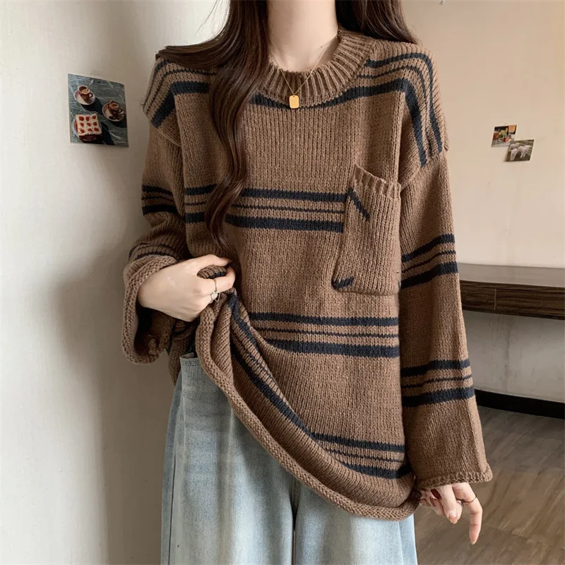 Thicken Pullovers Women Autumn Winter Keep Warm Korean Fashion Striped Casual Slouchy Y2k Sweater Gentle Harajuku Streetwear Ins