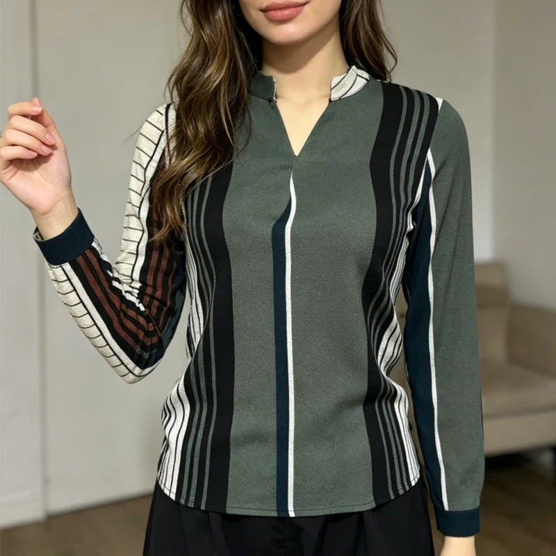 

Элегантная офисная женская блузка: модная повседневная женская блузка с длинным рукавом, V-образным вырезом, зелеными полосками и цветовыми блоками