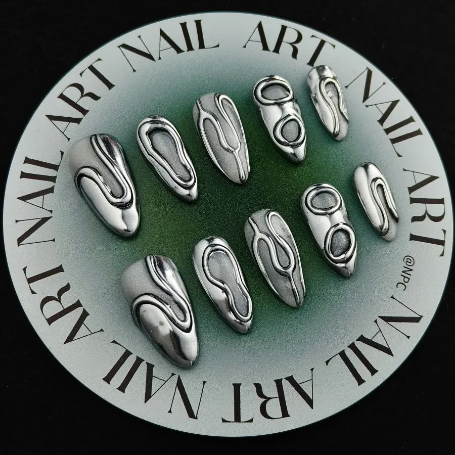 مجموعة مكونة من 10 قطع مع أظافر صناعية مضغوطة يدويًا وأظافر صناعية معدنية وبدلة أظافر صناعية فضية، مناسبة لحفلات نهاية الأسبوع