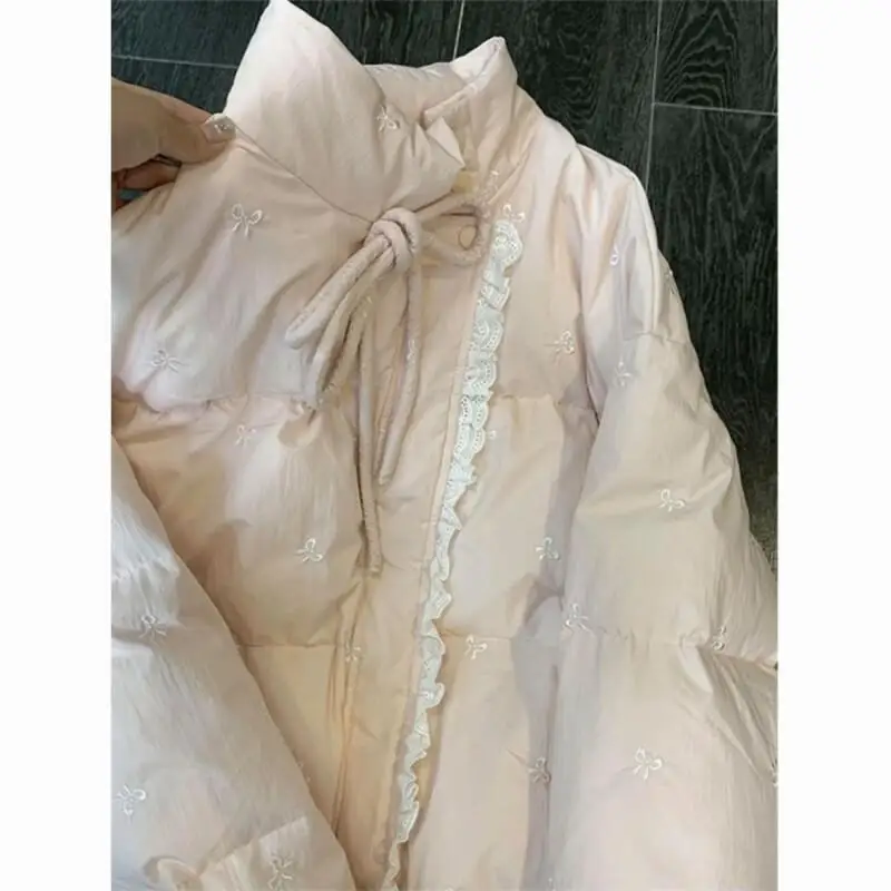 Damenmantel, Winter- und Herbstjacke, Oberbekleidung, warm, mit Fleece gefüttert, rosa, schlicht, für Pendler, kurze Schleife, Stickerei, Puffermantel