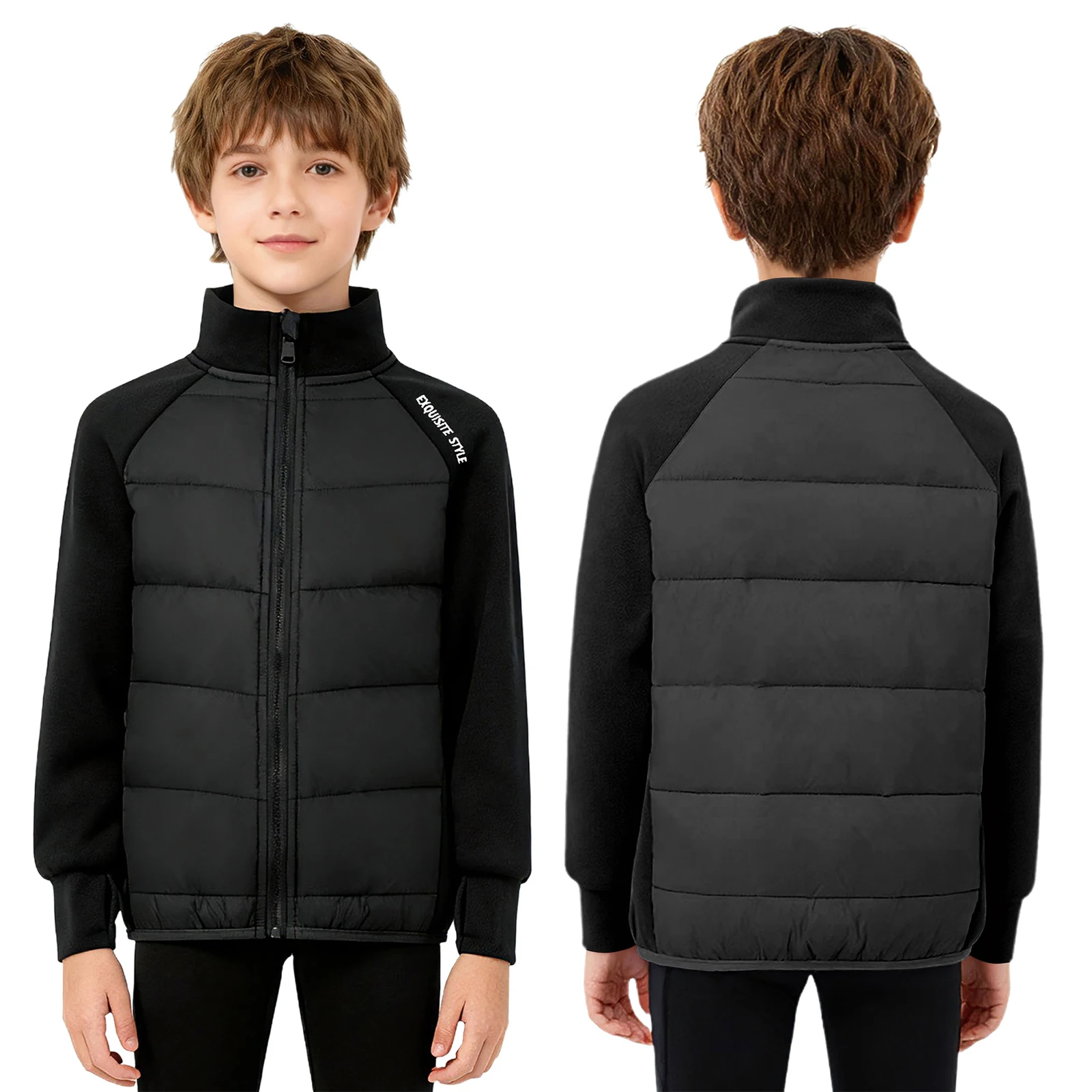 Modische Warm-up-Pufferjacke für Mädchen und Jungen, langärmelig, Daumenlöcher, Reißverschluss, Daunenmantel, Teenager, Skifahren, Workout, Outdoor-Sportbekleidung