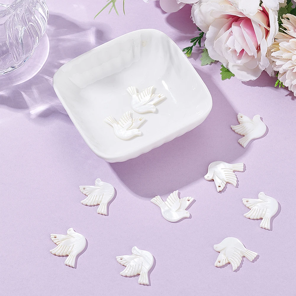 10 Pcs Shell Pendants Mother of Pearl Shell Carved Pigeon Charms White Flat Back Pearl Dove Charms Bulk for Jewelry Making view 5