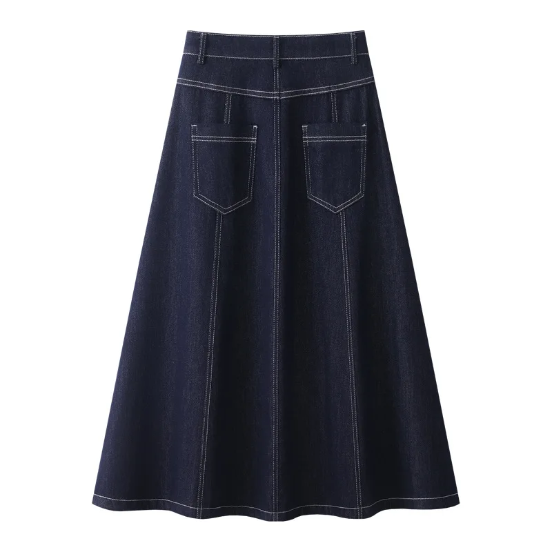 Faldas vaqueras de color azul oscuro a media pantorrilla para mujer, novedad de primavera y verano, ropa informal suelta, faldas largas elegantes para oficina para mujer 2025
