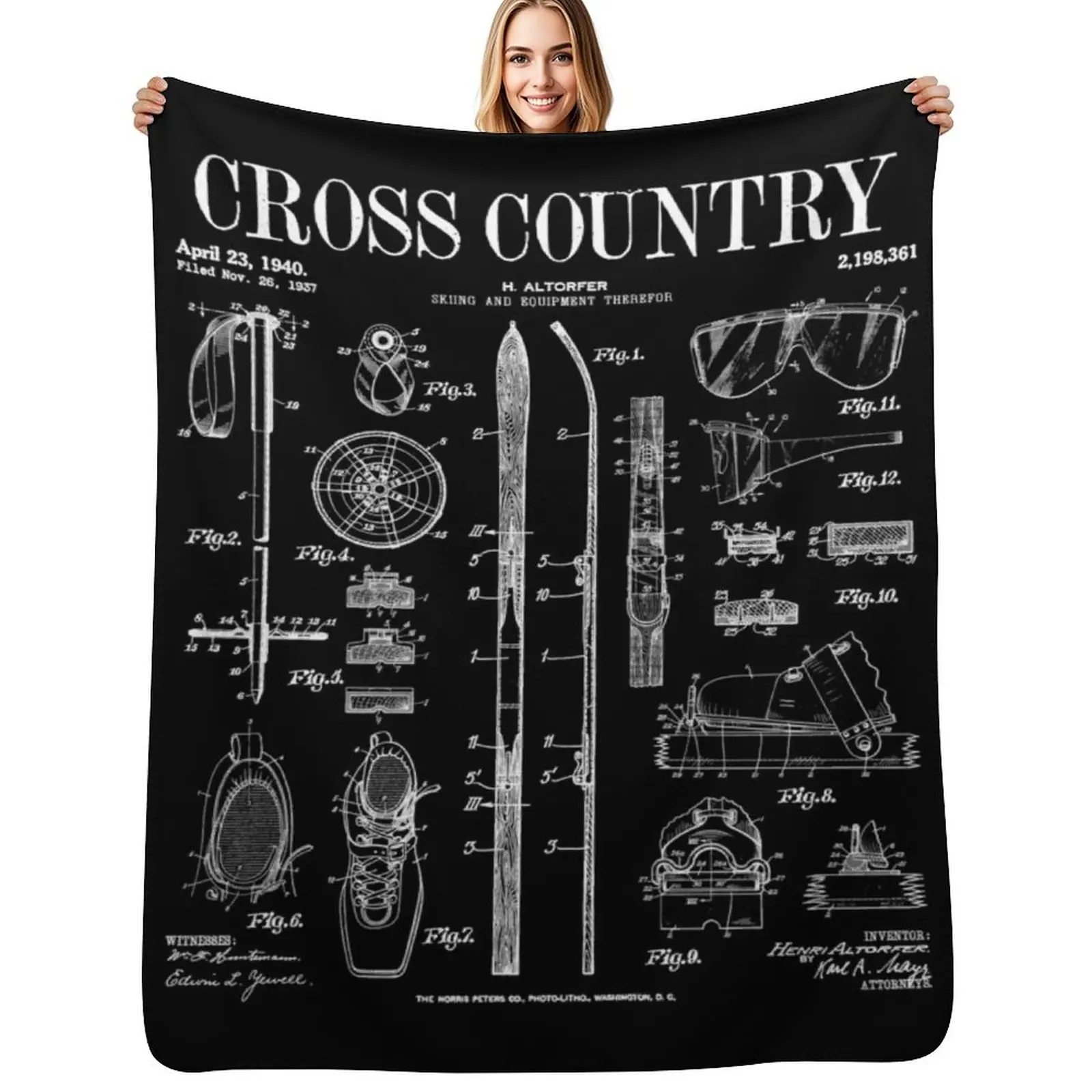 

Cross Country Nordic Skiing Ski Vintage Patent Skier Print Throw Blanket valentine gift ideas Beach decorative Bed Blankets
