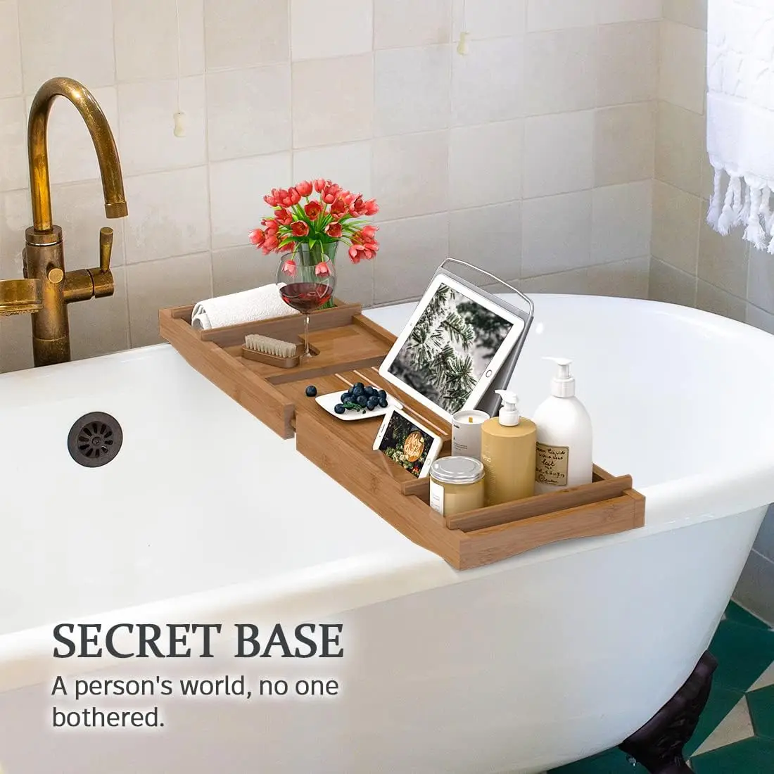 h Caddy Tray For Bathtub - Bamboo Adjustable Organizer Tray For Bathroom With Free Soap Dish Suitable For Luxury Spa Or