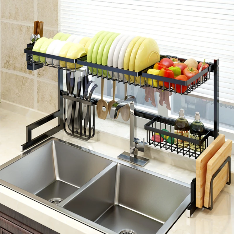 

Adjustable Over Sink Dish Drying Rack Large Kitchen Counter Organizer with Multiple Baskets and Utensil Holder Stainless