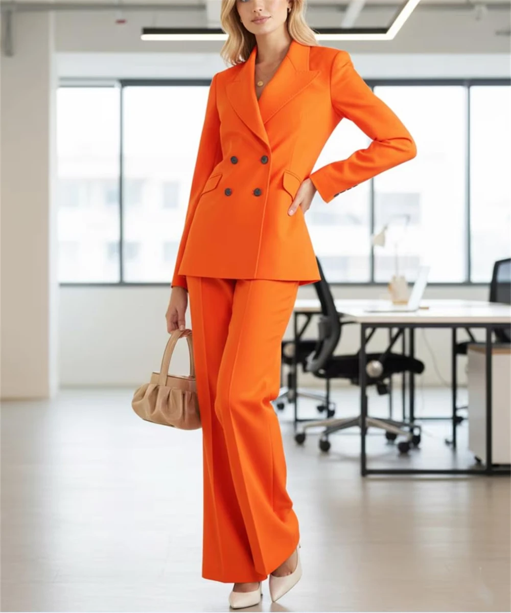 Bright Orange Women's Suits 2 Pcs Double Breasted Pantsuit Set Formal Wedding Guest Outfit Chic Office Suit (Blazer+Pants)