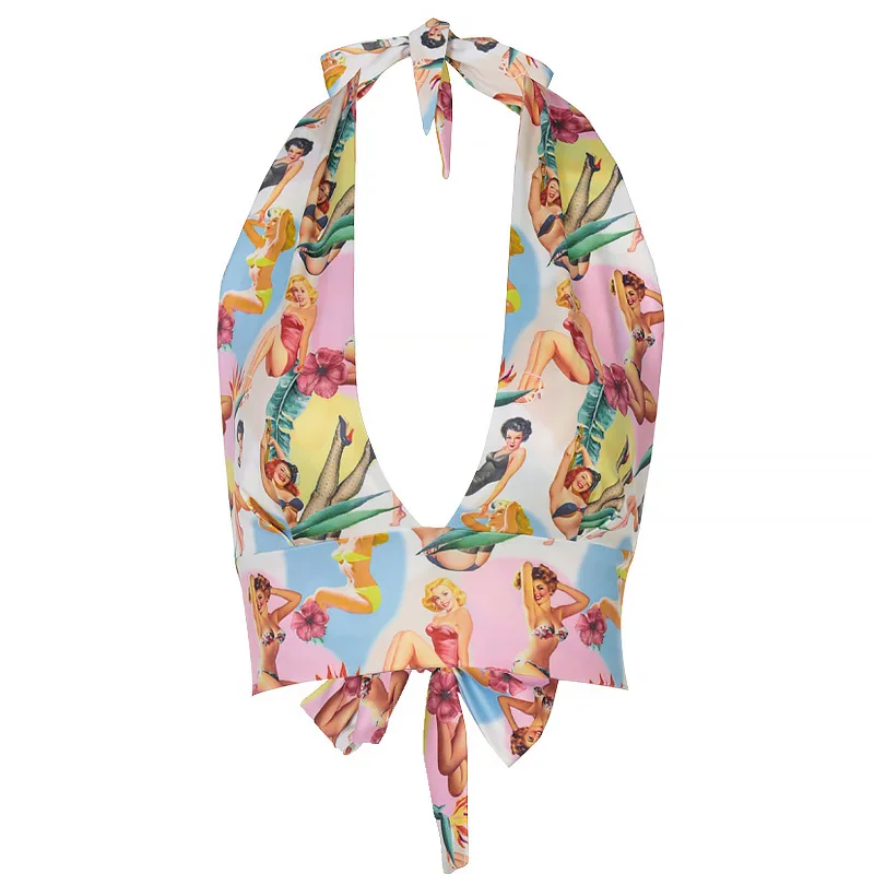 Gilet casual corto senza schienale con cinturino per le vacanze retrò estivo Moda nuova figura stampata con collo casual appeso Top senza maniche da donna