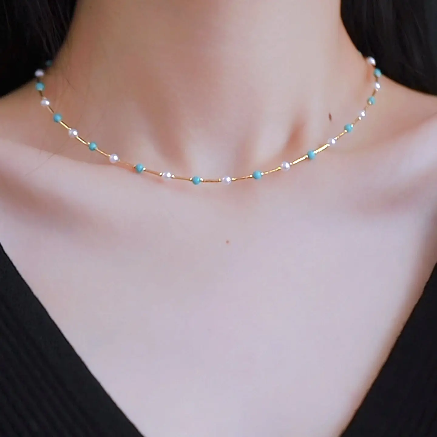 Natural Akoya Saltwater Pearl Necklace, 18K Gold Turquoise Accent, Light Luxury Layering Choker Gift for Women
