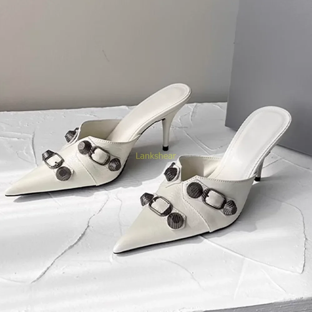 

Metal Rivet Slip On Slippers Sexy Pointed Toe Thin Heel Solied Leather New Arrivals Fashion Women Modern Shoes