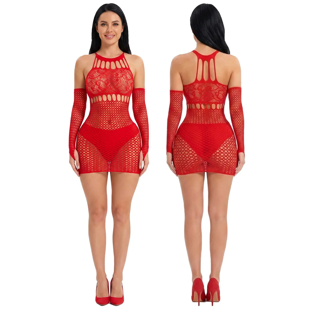High Elasticity Fishnet Beach Coverup Set, Ladies Halter Cutout Mini Dress With Arm Sleeves, No Bikini Included ****