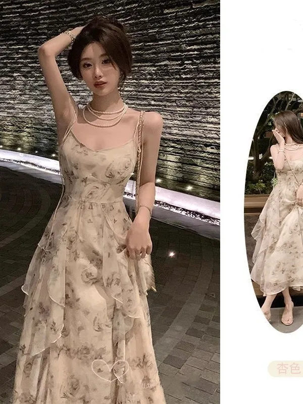 Pure desire high-end ink blue and white suspender long dress Sanya vacation beach dress irregular ruffle edge floral dress Y27Y