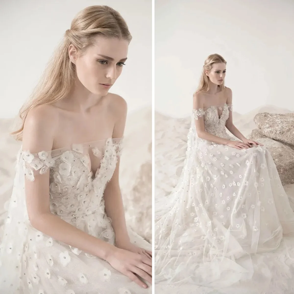 Generous Women's Wedding Dress A-Line Off the Shoulder Appliques 3D Flowers Beaded Crystal Lace Pleats Vestidos Customized