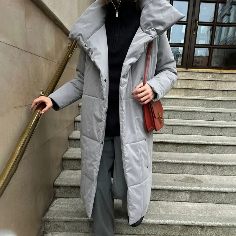 Talenza Giacca lunga invernale sottile da donna Nuovo allentato casual caldo Parka tasca manica lunga piumino lungo in cotone giacca da donna