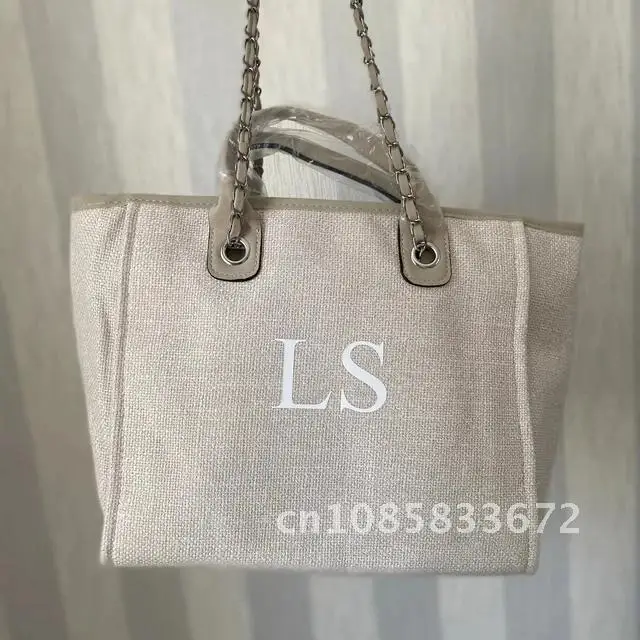 Personalised Light grey/beige Monogram Canvas Tote Bag Initial Beach bag Birthday Xmas Custom Gift Handbag tote Bags Chain Bride