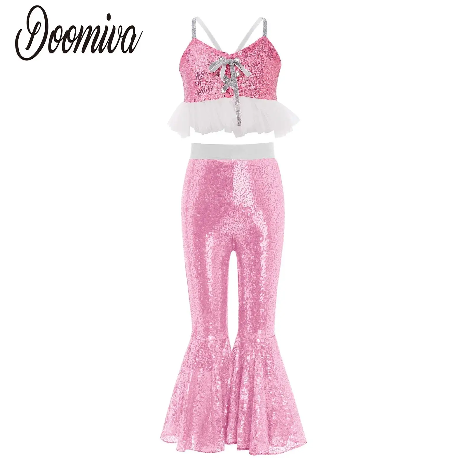 

Kids Girls Glittery Sequins Jazz Dance Performance Costume Tango Modern Latin Dance Outfit Tulle Ruffles Hem Camisole with Pants