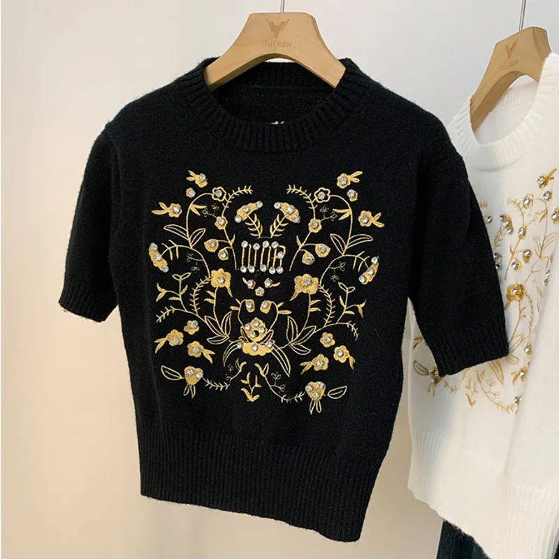 Embroidered Short sleeved Knitted Shirt for Women Spring autumn 2024 New Round Neck Half sleeved Sweater Jumpers Knitwear