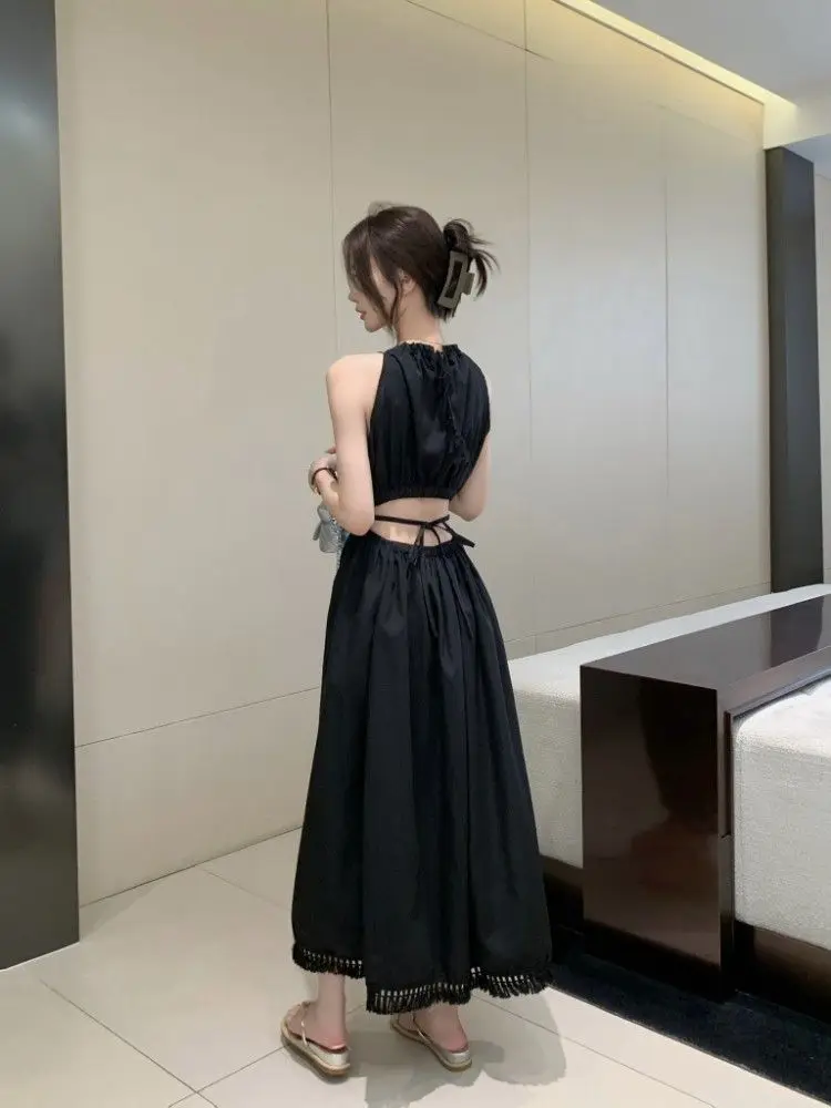 Vestido F Longo Sem Mangas, Estilo Praia, Com Decote Costas Nuas, Sem Alças, Com Cintura Ajustada, Para Férias de Verão