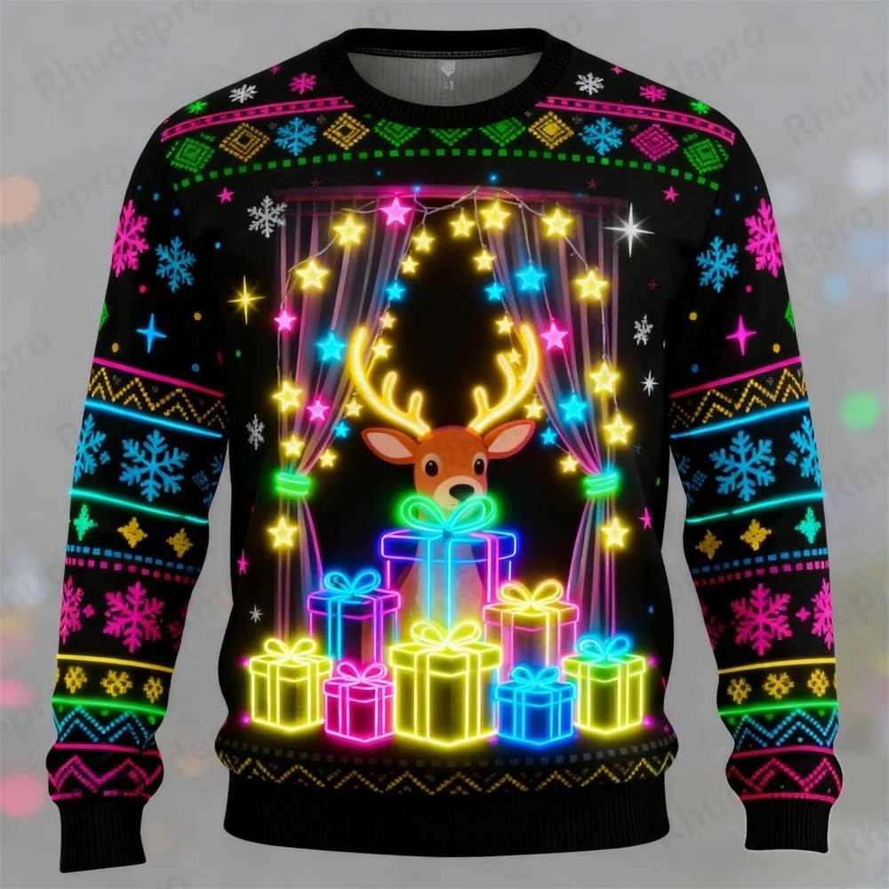 Harajuku Fake Neon Train Graphic Sweatshirts Elk Xmas Party 3D Print Ugly Christmas Sweater Unisex Pullovers Streetwear Boy Tops