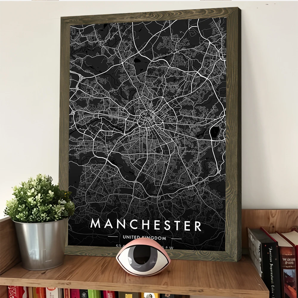 مانشستر مدينة خريطة الطباعة الداكنة ملصق تخصيص صور الرسم على لوحات القماش الجدارية هدية للحمام ديكور غرفة العصا ديكو