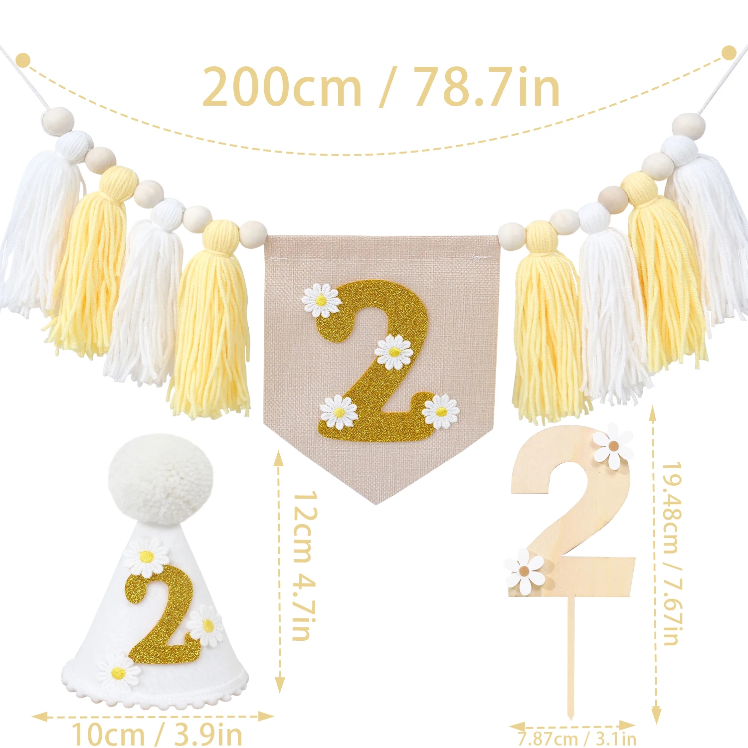 Frühlings-Gänseblümchen-Thema 2. Geburtstags-Banner, Hochstuhl-Banner mit Quastenkranz, 2. Geburtstags-Tüllhut, Kuchendekoration – Detail 1