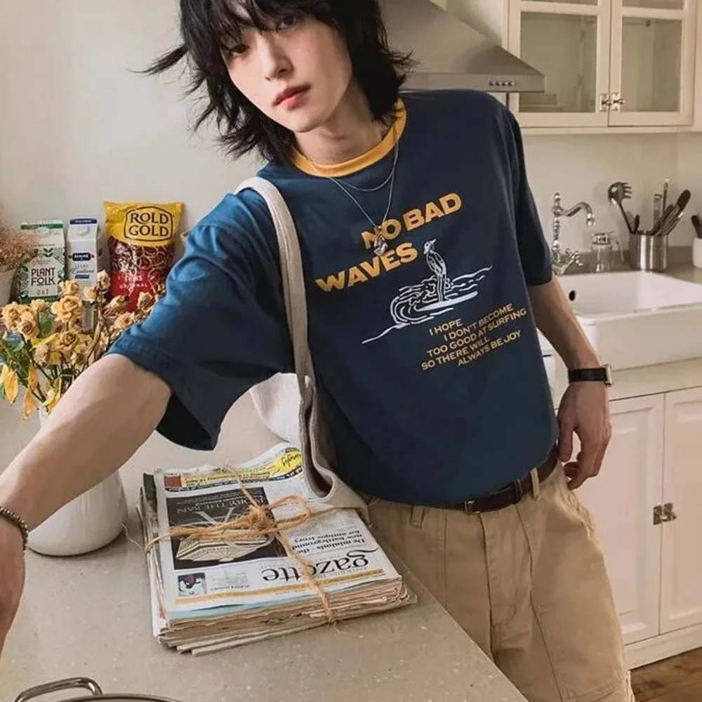 Korean Style Colorblock Letter Print Short Sleeve Men's T-shirt Summer Loose Fit Versatile O-neck Pullover Tops FBC5