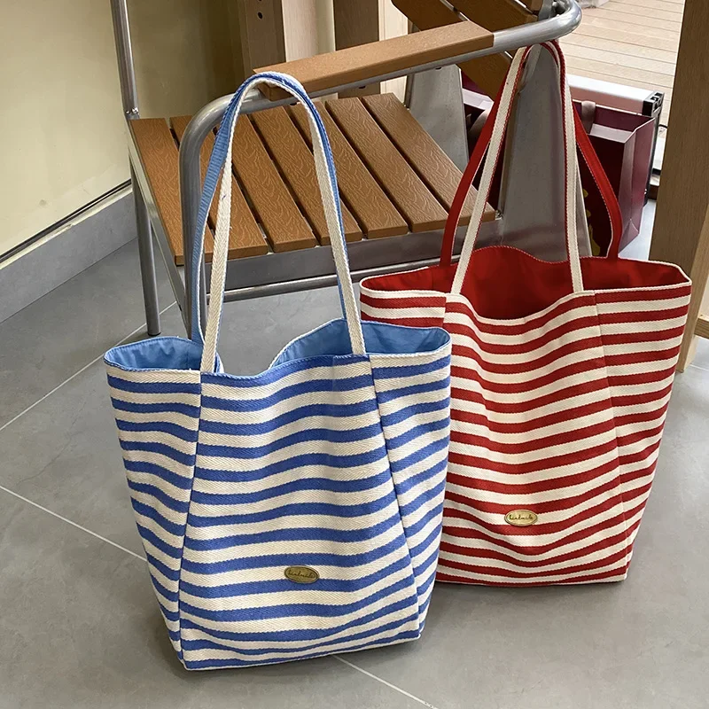 

Navy Blue Canvas Tote Bag with Double-Sided Stripes Ins Fashion Large Capacity Shoulder Crossbody Bag for Commute Travel School