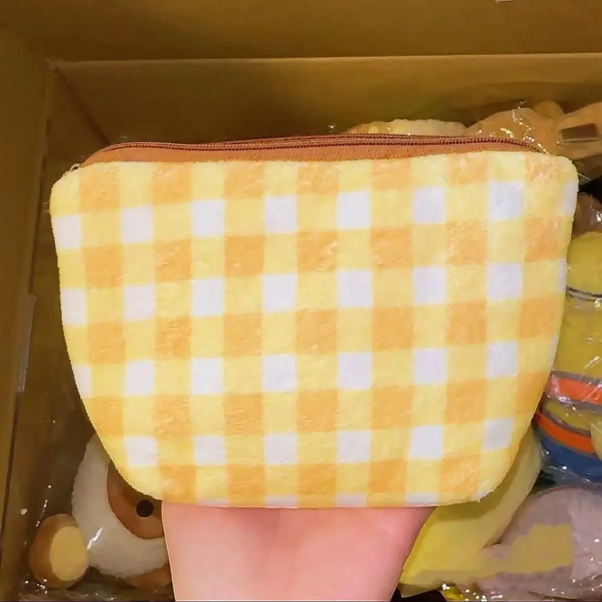 Rilakkuma Yellow Check Soft Plush Zip Coin Purse Stationery Pouch Tote Inner Bag Cosmetic Storage Portable Friend Holiday Gift