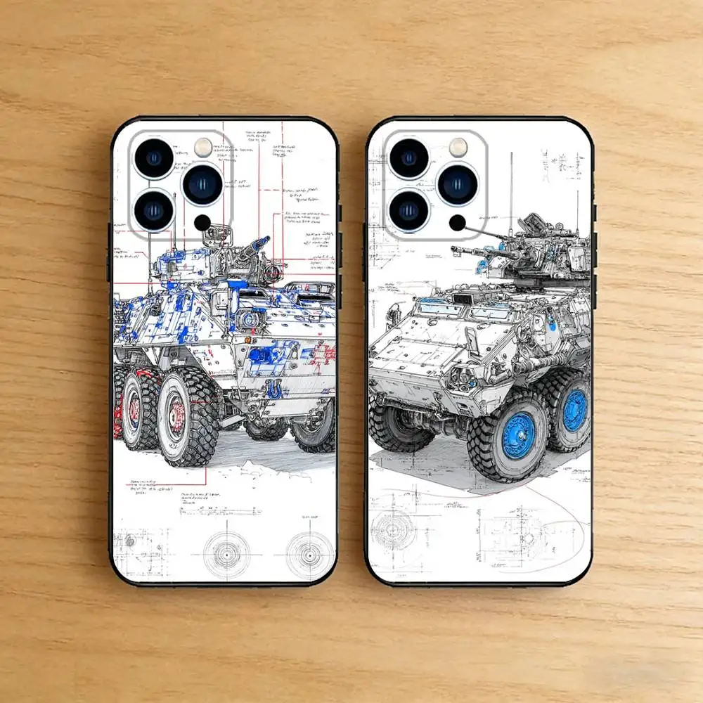 

Stryker Armored Vehicle Blueprint Case For iPhone 17 16 15 14 13 12 11 Pro Plus Air 8 7 X XS Max Mini TPU Bumper