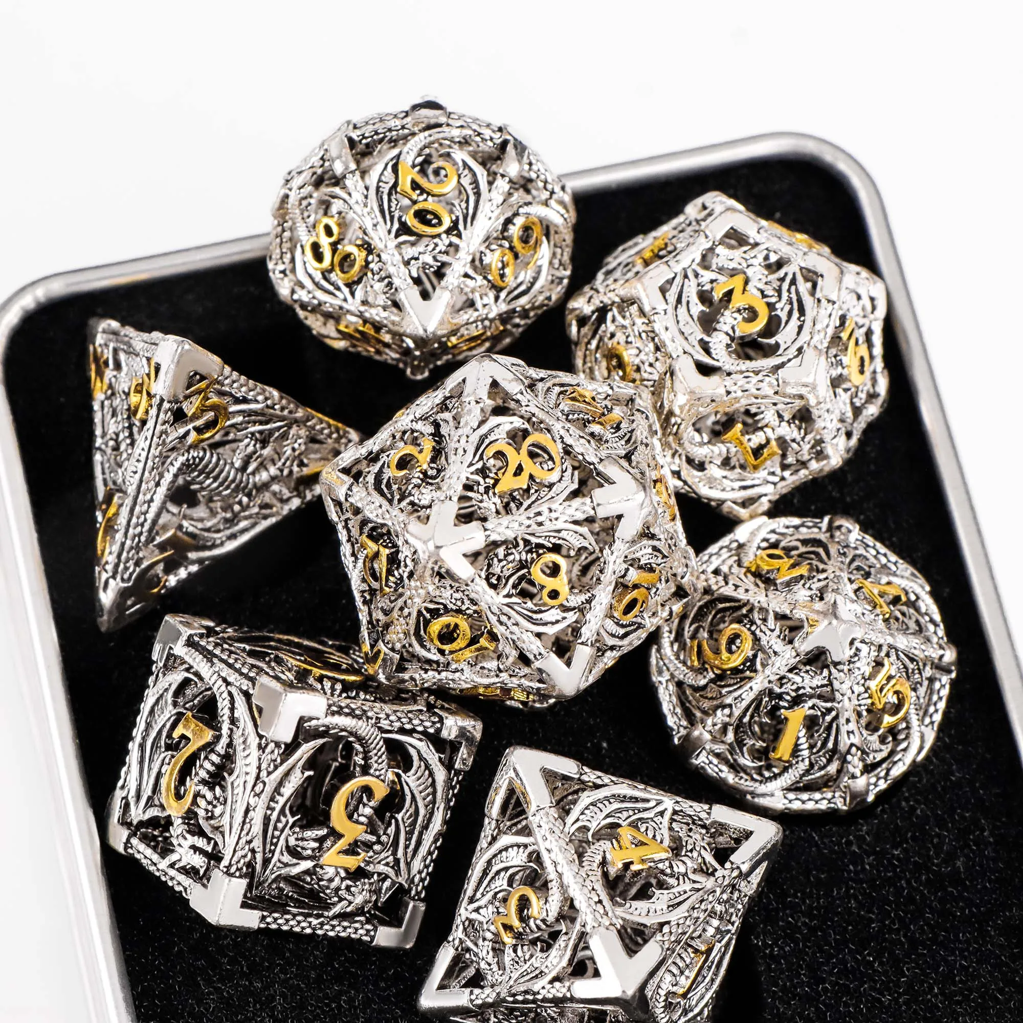 7pcs Hollow Metal Polyhedral Dice Set Lightweight Zinc Alloy for DND RPG Dungeons and Dragons Tabletop Games 6