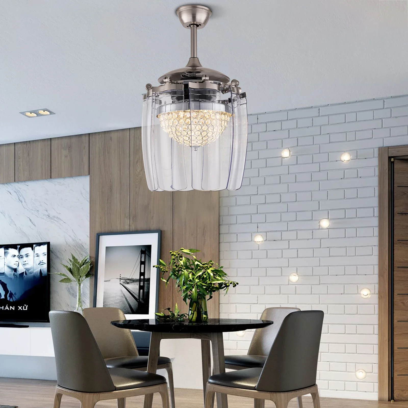 

New Retractable Ceiling Fan Light Crystal Chandelier Dimmable Lamp with Remote Control 3 Color Changes Light and 3 Speed Fan