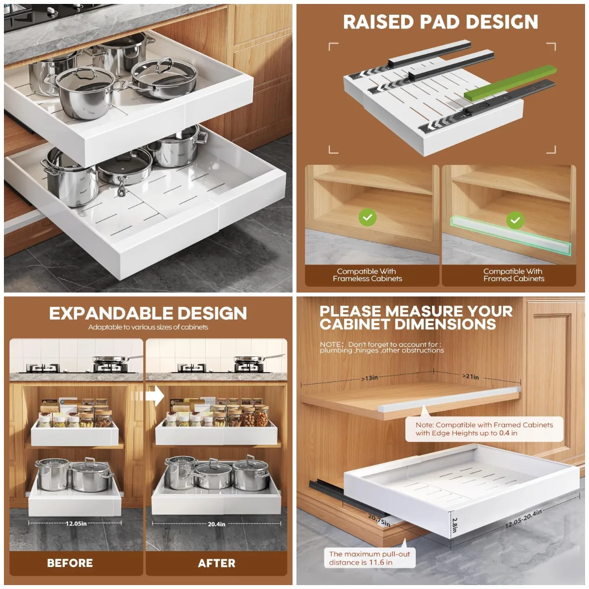

2Pack Expandable Pull-Out Cabinet Organizer, 21' Deep, Adjustable Width 12.05'-20.4', White