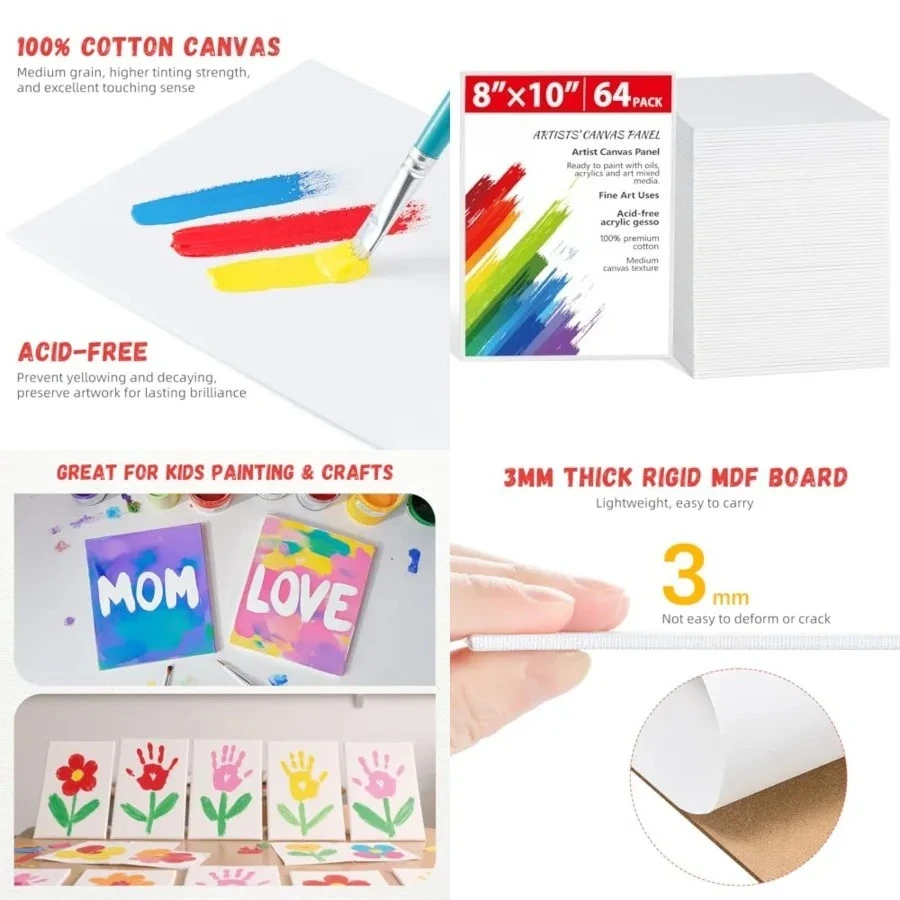 

64 Pack Canvas Boards for Painting 8 x 10 inch, Bulk Blank Canvas for Kids- Gesso Primed Acid-Free 100% Cotton for Acrylics Oil Tempera Paints