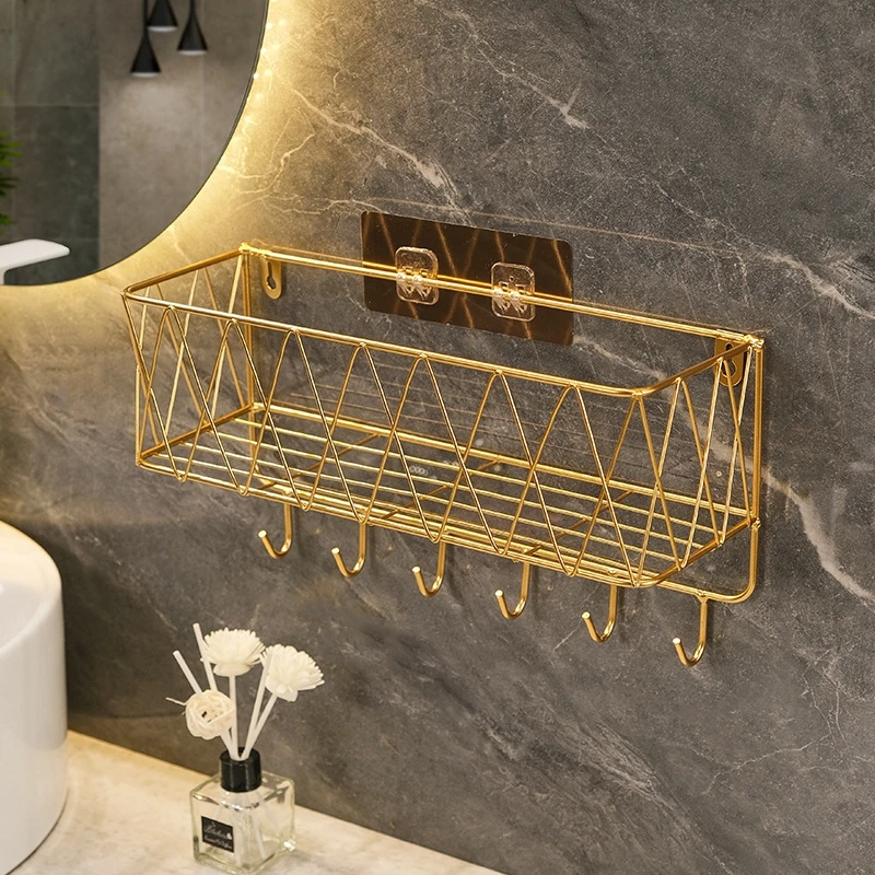 Metal Basket Wall Organizer Wall Mounted Storage Organizer No Damage Large Capacity for Bathroom Metal Basket Easy Installation