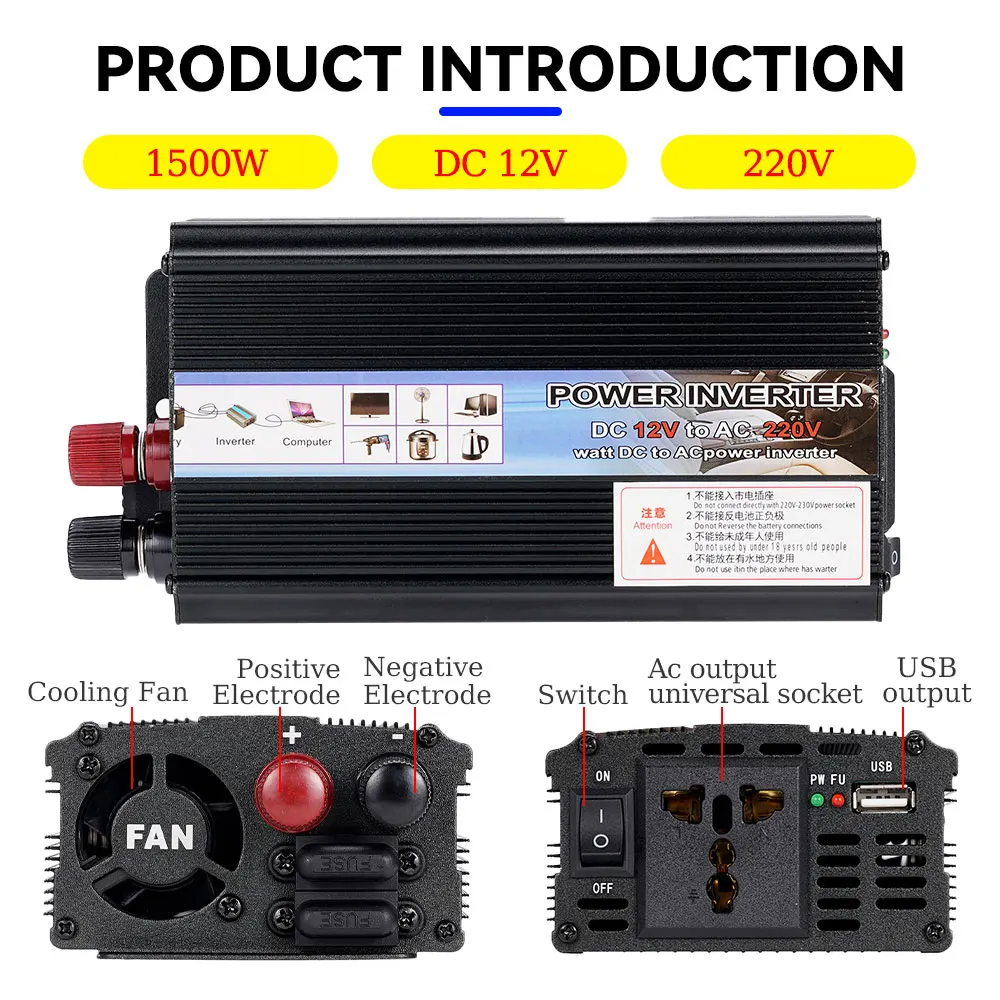 

Car Inverter Modified Sine Wave DC 12V To AC 220V Power Inverter USB Converter Charger Conversion Power Bank 500/1000/1500W