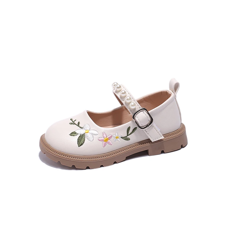 Girls Embroidery Princess Shoes 2024 Spring and Autumn Soft Bottom Children's Baby Leather Shoes Little Girl Shallow Mouth Shoe