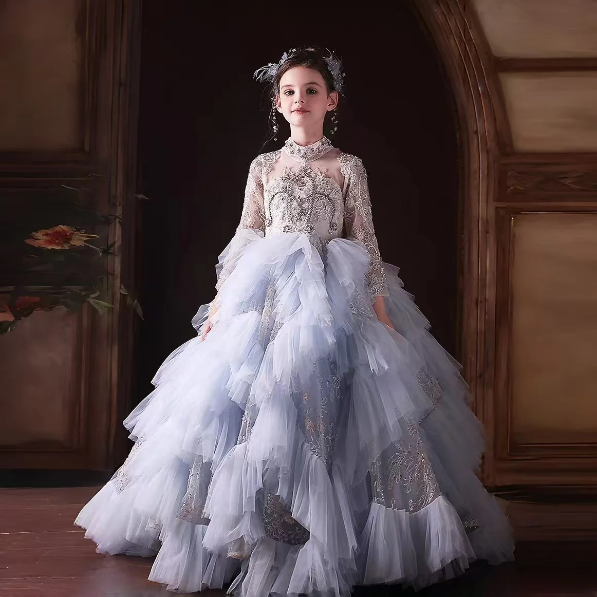 Jill Wish J381 Luxury Blue Dubai Girl Dress Beaded Pearls Arabic Princess Kids Wedding Birthday Party Long Ball Gown 2025
