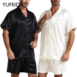 Yufeida-Conjuntos de pijama de luxo masculino, manga curta, pijamas de seda cetim, roupa caseira, camisola, loungewear, verão