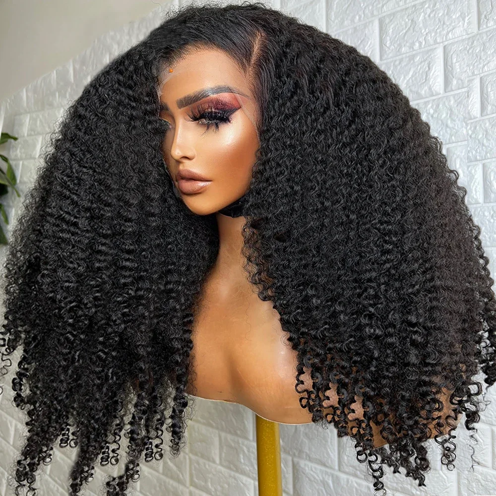 شعر مستعار أمامي طويل 26 بوصة بدون صمغ أسود طبيعي غريب مجعد 180% كثافة 13x4 باروكة أمامية من الدانتيل مع درجة حرارة حرارة BabyHair مقطوفة مسبقًا يوميًا