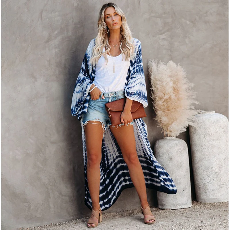 Tie Dye Katoen Strand Kimono Badmode Boheemse Oversized Bikini Cover Up Batwing Mouw Lang Vest Dameskleding