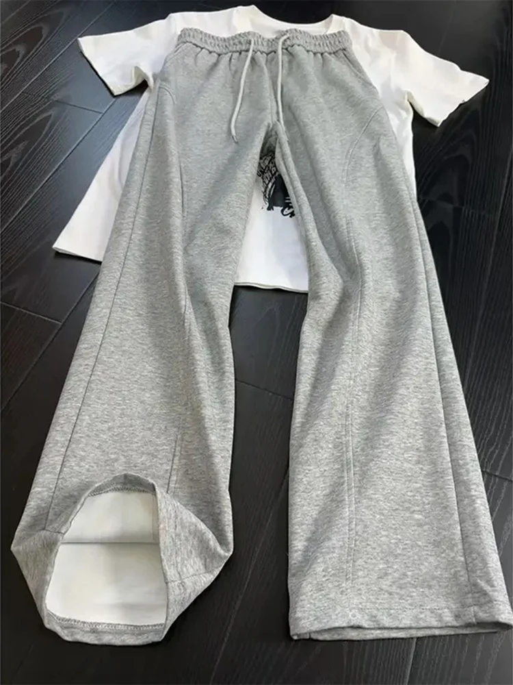 Black Fleece Lined Casual Pants Men's Autumn Winter Heavy Weight Straight Leg American Style Sporty Loose Fit Trousers