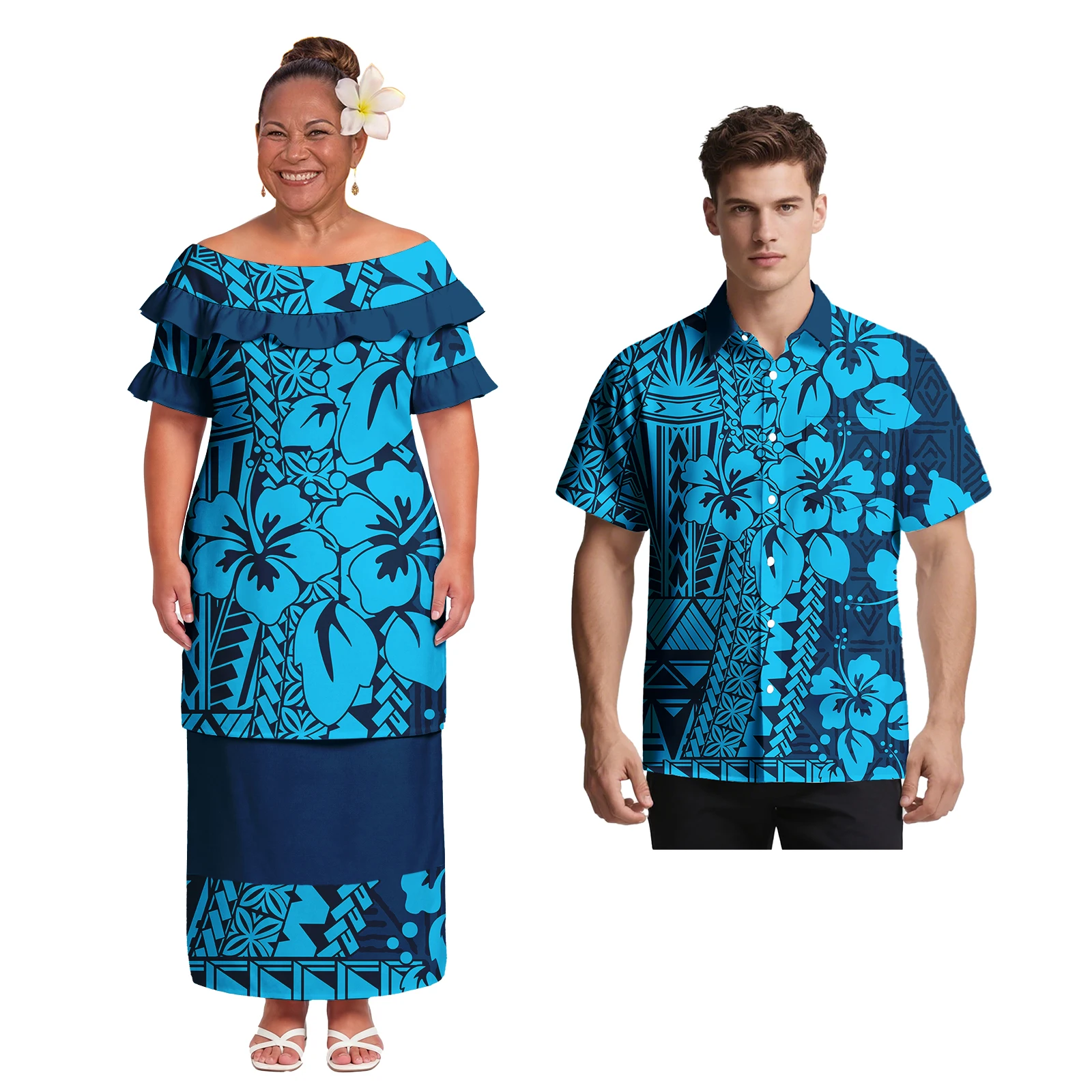 Factory Price Couple Clothes Custom Casual Men Polynesian Style Shirts Elegant Ladies Samoan Puletasi Sweet Couple Match Outfits