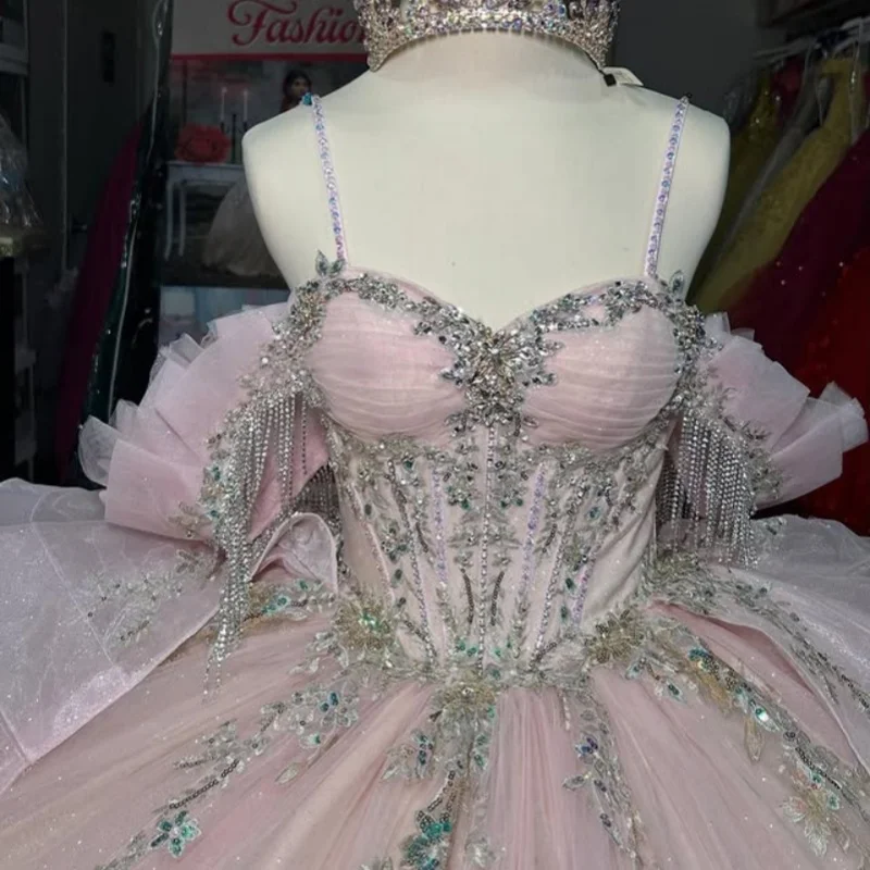 

Customized Shiny Pink Quinceanera Dresses Off the Shoulder crystal sequin applique flower Long tail Bow Vestido 15 Quinceanera