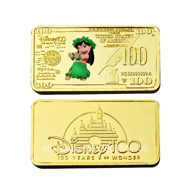 رائجة البيع ليلو وستيتش عملة تذكارية مطلية بالذهب 100 دولار أمريكي بطاقة شريطية معدنية شارة الاطفال المشجعين عيد الميلاد هدايا عظيمة