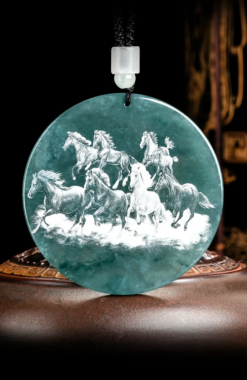 Natural A-grade Jade Blue Water Shadow Carving Of Eight Steeds Ice Seed Jadeite Pendant Zodiac Horse gioielli da donna da uomo