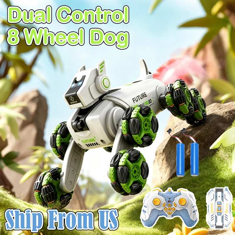 2.4G Remote Control Stunt Dog Toy Rc Stunt 8 Wheeled Climbing Dog with Lights Sound Mist Spray Rc Drift Dog Car Toys for Boys