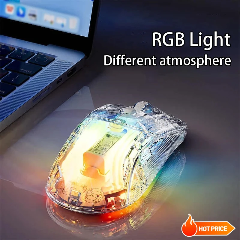 

EWEADN Q8 Беспроводная перезаряжаемая бесшумная мышь Bluetooth — RGB-подсветка, прозрачный дизайн, эргономичная для офисных и домашних игр