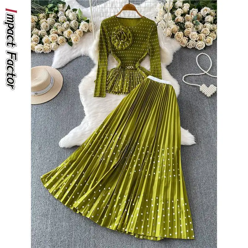 Miyake Women Fashionable Three-dimensional Flower Round Neck Long-sleeved Waist Top Set High Waist Polka Dot Pleated Long Skirt