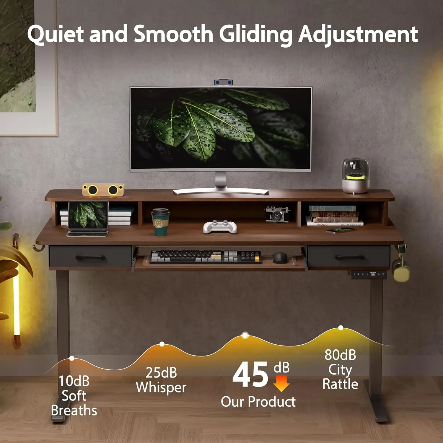 *Electric Height Adjustable Standing Desk with Drawer Keyboard Tray, Dual Motor Wood Office Gaming Desk for Home Office