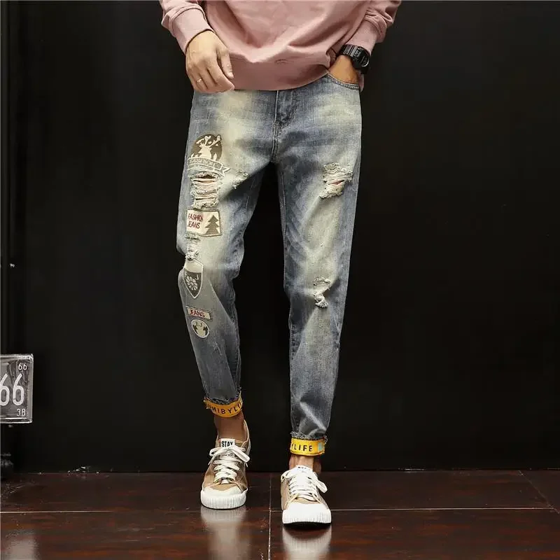 Trousers Broken Ripped Male Cowboy Pants with Holes Jeans for Men Tapered Torn Print Korean Style Plus Size Classic Washed Retro